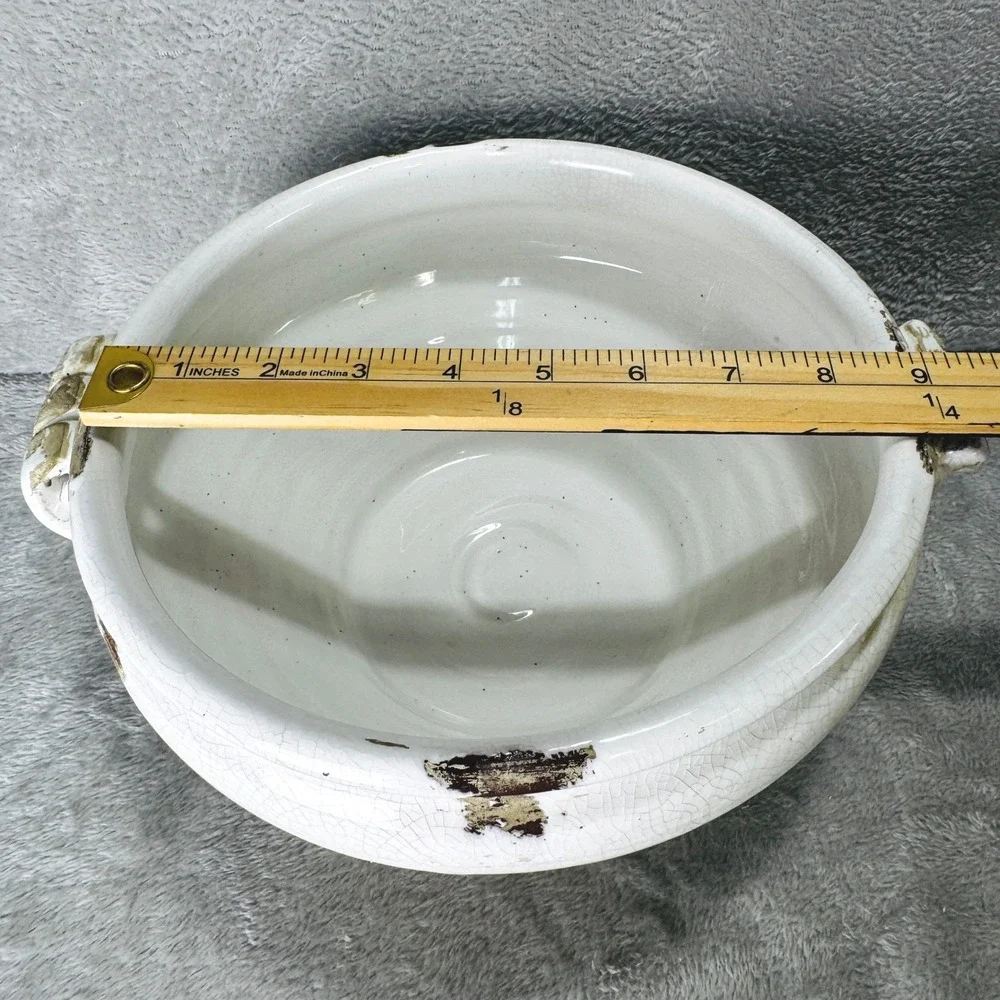 Rustic White Crackle Glaze Stoneware Bowl Planter Farmhouse Cottagecore Decor